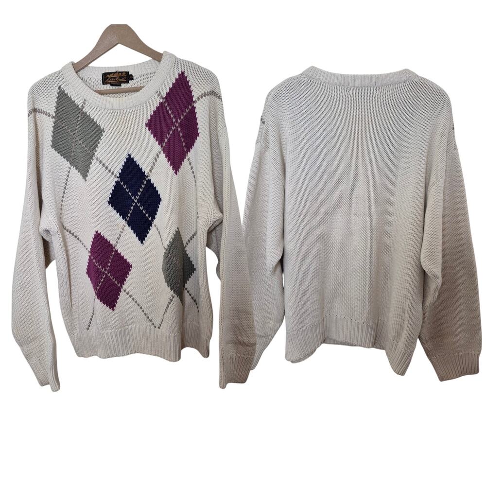 Eddie Bauer Cream Burgundy Blue Argyle Vintage Cotton Crew Neck Sweater Large